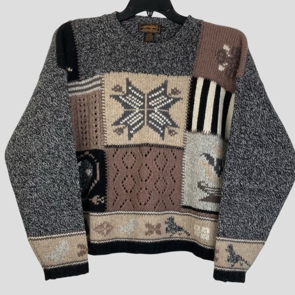 Vintage Eddie Bauer Patchwork Cable Crochet Knit Sweater Cozy Nordic Design Sz.L - Picture 12 of 12